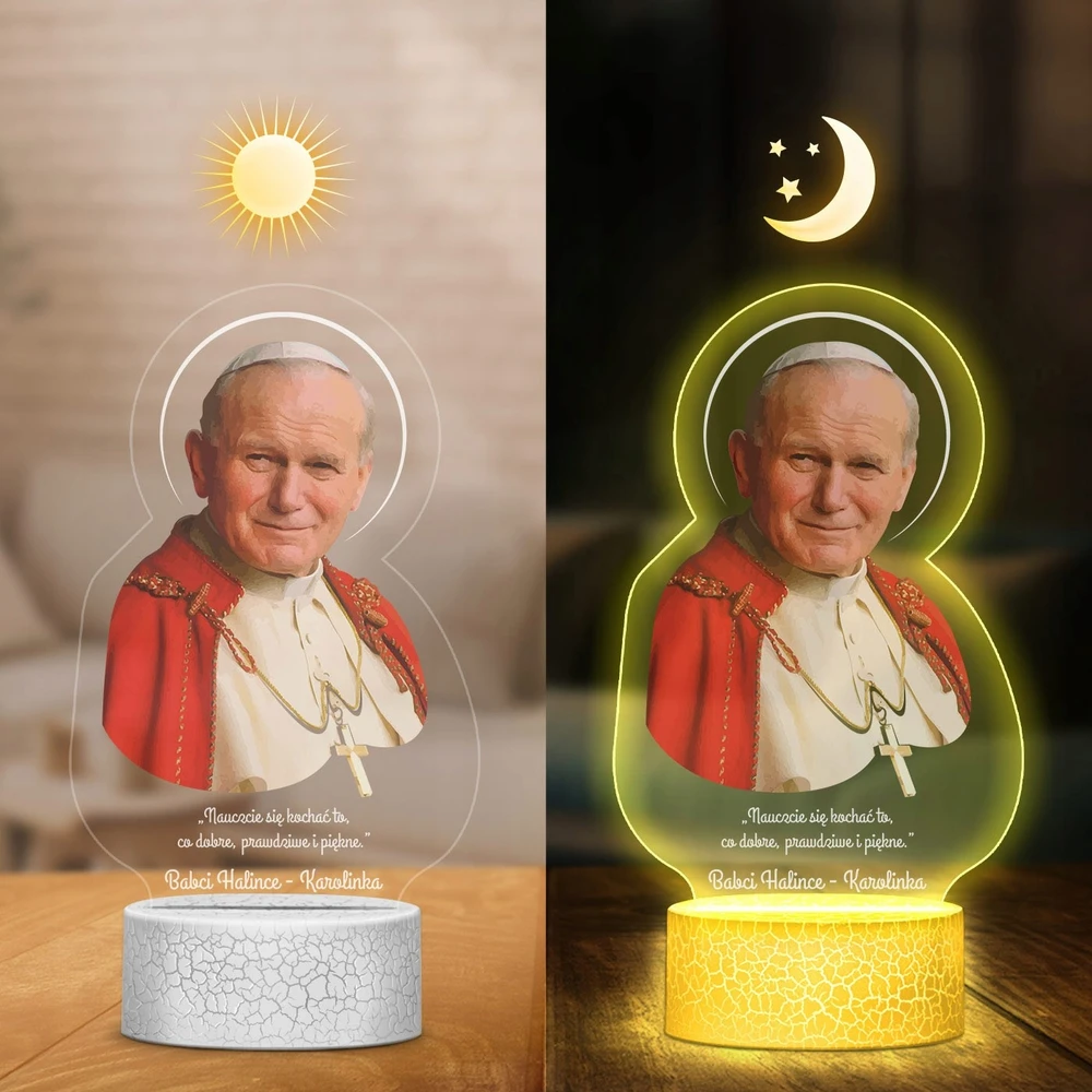 Murrano Lampka Nocna LED 3D su Imieniem Jan Paweł II Papież Polak Prezent dla Babci