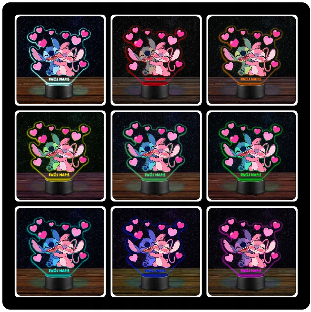 Murrano Naktinė lempa LED Lilo i Stich Angel 3D + Pultas prezent dziecka URODZINY