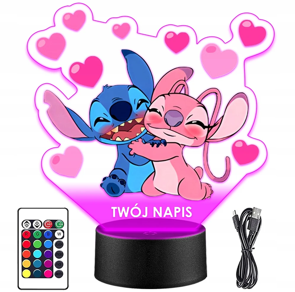 Murrano Naktinė lempa LED Lilo i Stich Angel 3D + Pultas prezent dziecka URODZINY
