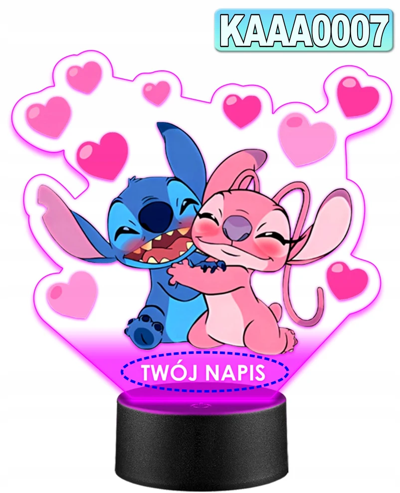Murrano Naktinė lempa LED Lilo i Stich Angel 3D + Pultas prezent dziecka URODZINY