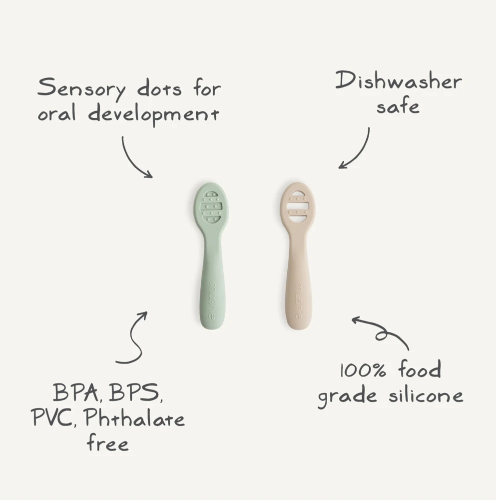 „Mushie First Baby Spoons“ 2 pak. – „Tradewinds“ / „Shifting Sand“.