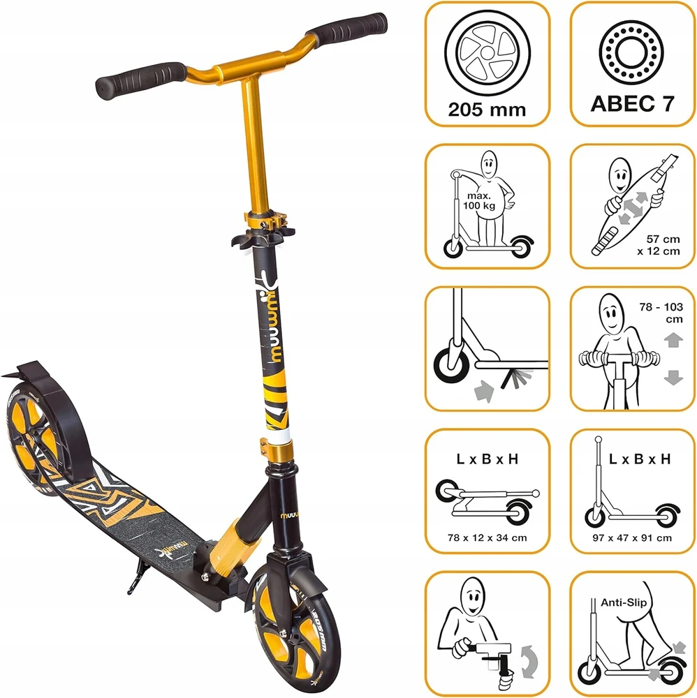 Muuwmi Aliuminio Scooter Deluxe skrejritenis 205 mm zelta AU 550