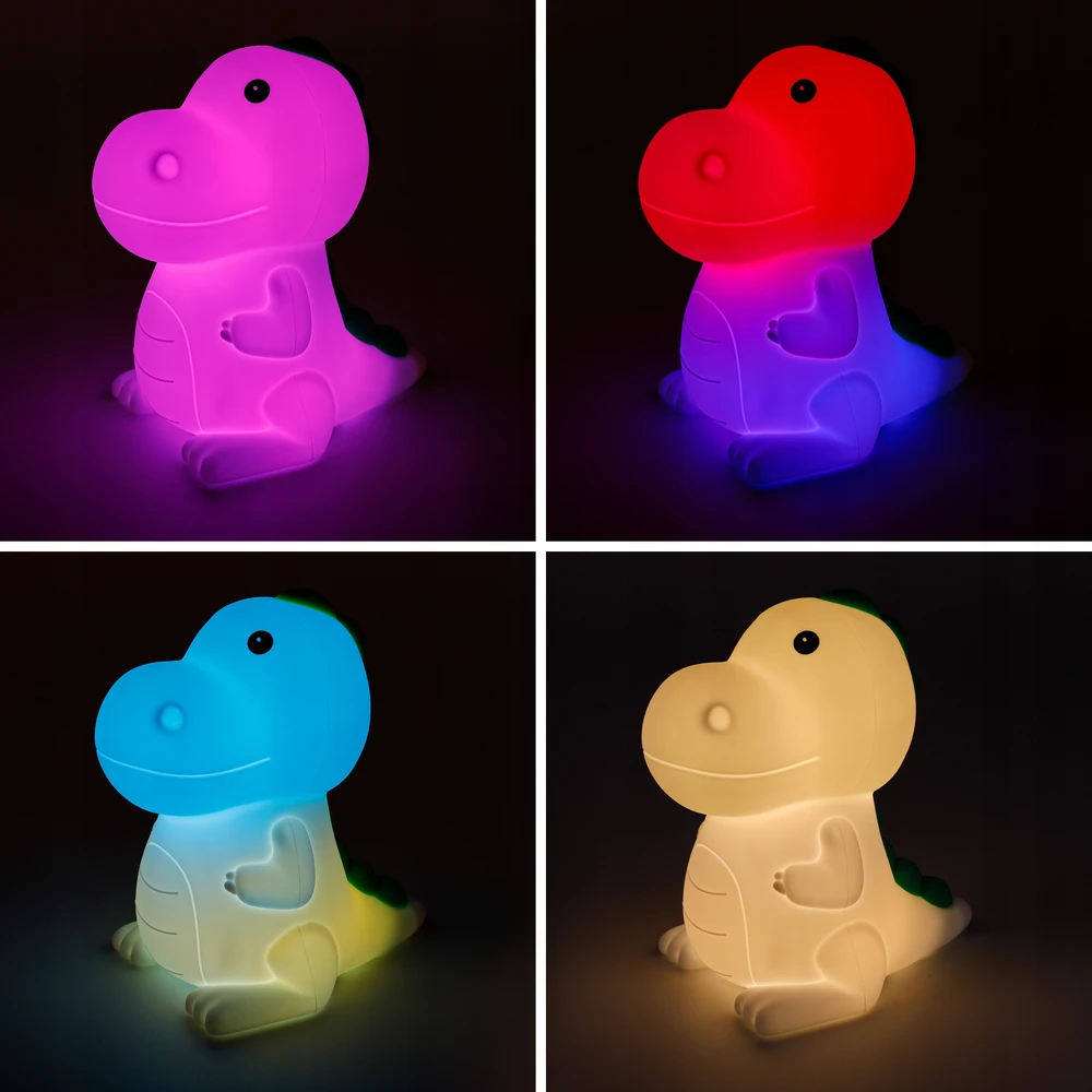 NAKTINIS LEMPAS VAIKAMS DINOZAURAS MINKŠTAS SPALVOTAS RGB LED USB SILIKONAS