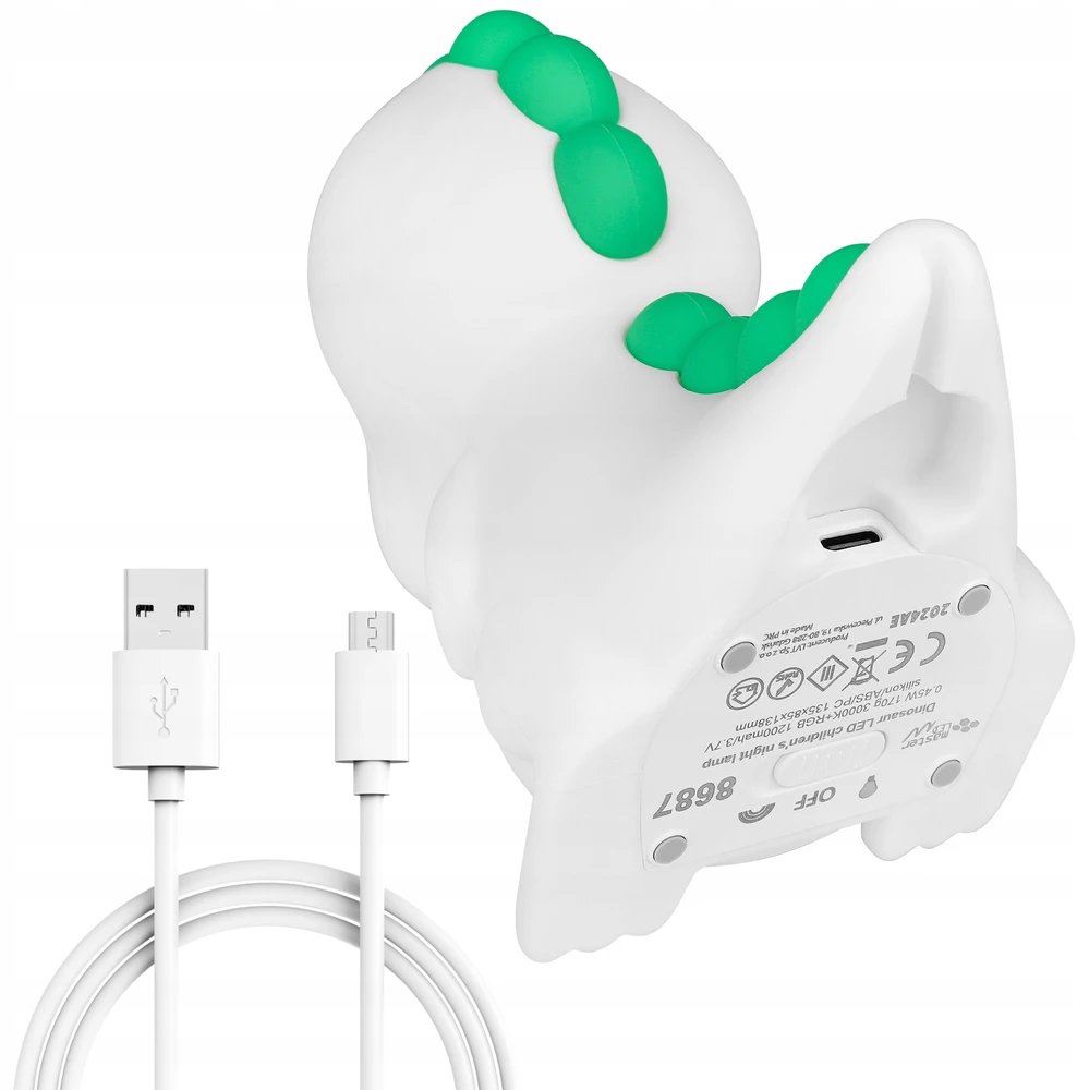 NAKTINIS LEMPAS VAIKAMS DINOZAURAS MINKŠTAS SPALVOTAS RGB LED USB SILIKONAS
