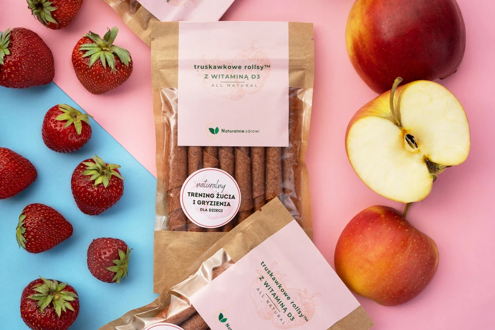Naturalnie Zdrowi Braškių suktinukai praturtinti vitaminu D3, vaisių vitaminų užkandis, 50g