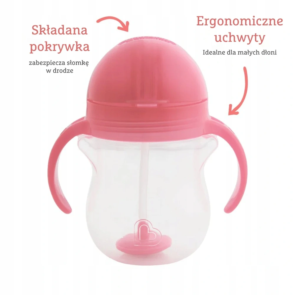 Neišsiliejantis puodelis su pasvertais šiaudeliais Munchkin rožinė/violetinė 207ml 2 vnt