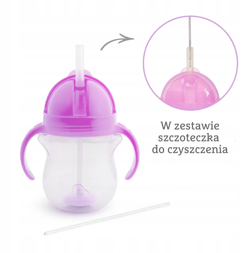 Neišsiliejantis puodelis su pasvertais šiaudeliais Munchkin rožinė/violetinė 207ml 2 vnt
