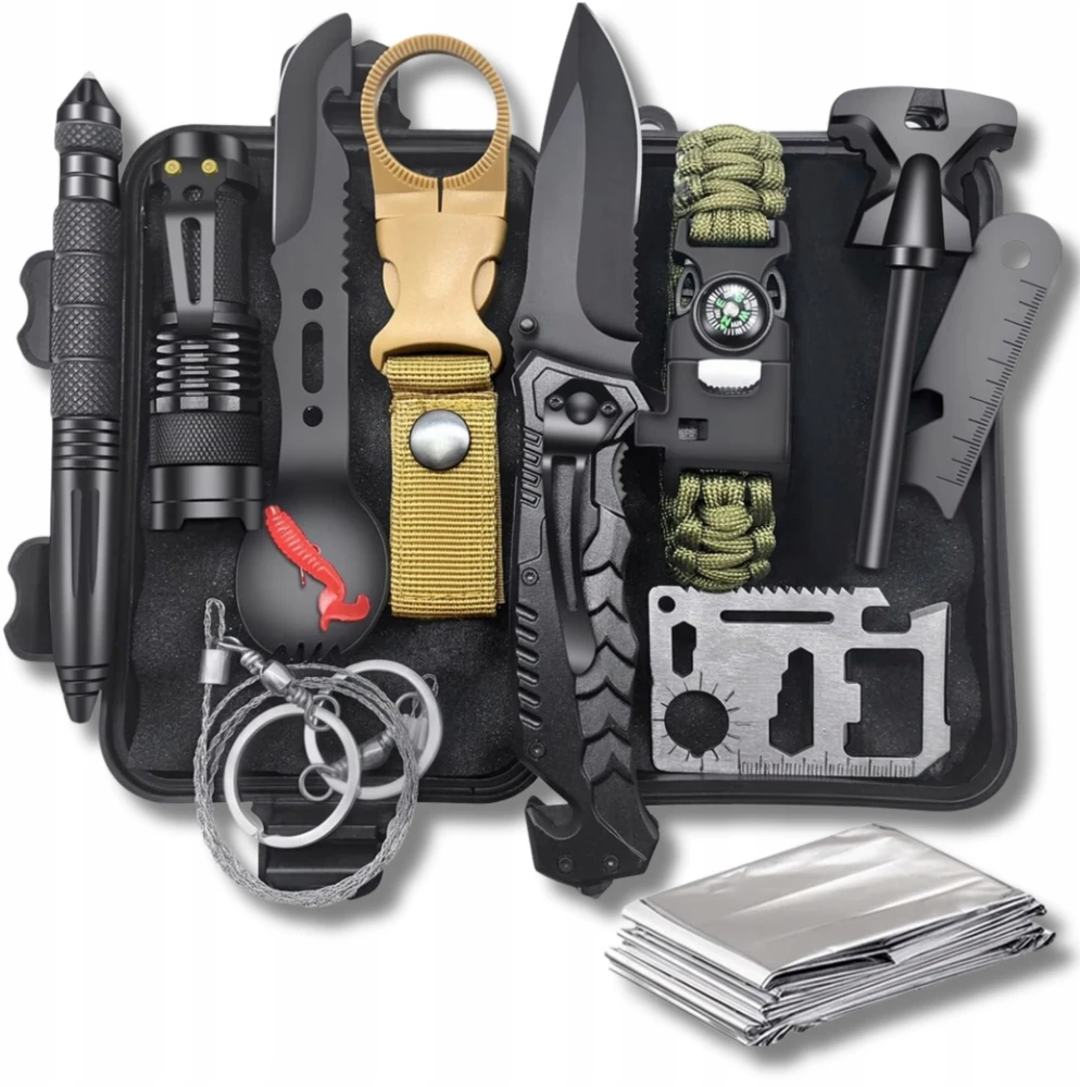 Nela-Styl MILITARY SURVIVAL MEGA SURVIVAL KIT 32in1 Kompaso kišeninio peilio gelbėjimo antklodė