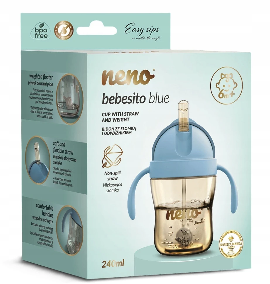 NENO BEBESITO Mėlynas VAIKŲ BUTELIUKAS SU ŠIAUDU IR SVORIU 240ml