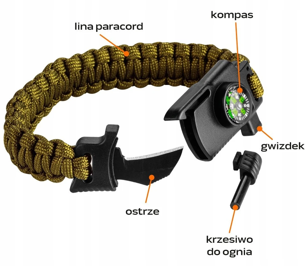 Neo Tools Išgyvenimo apyrankė su kompasu, peiliu ir švilpuku