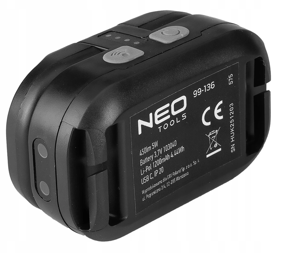 Neo Tools NEO PAKRAUJAMAS PRIEKINIS ŽIBINTAS GALINGAS XPT LED 1200mAH USB-C JUDĖJIMO JETUVAS