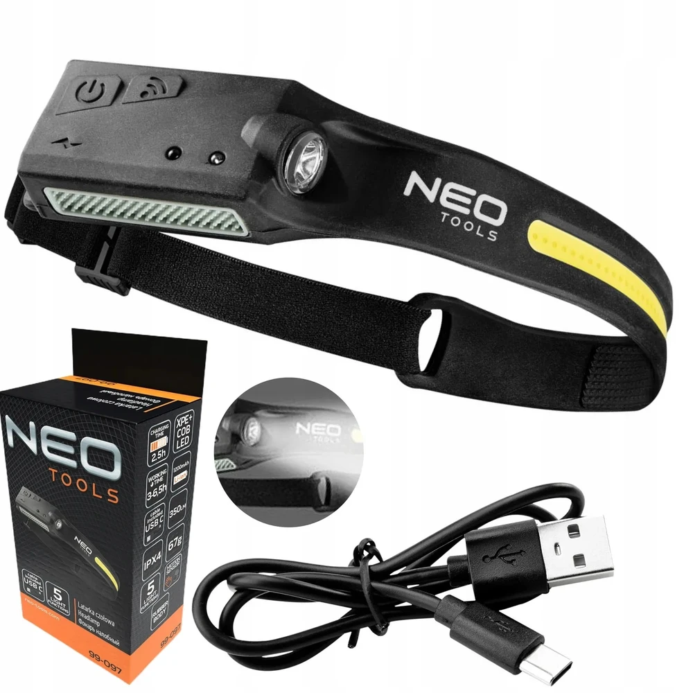 Neo Tools NEO žibintuvėlis 2in1 galvos ir šoninis LED įkraunamas lankstus priekinis žibintas
