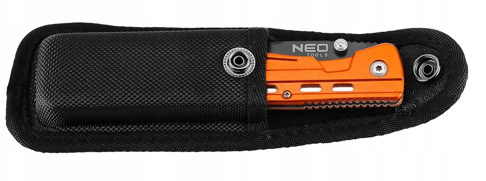 Neo Tools Sulankstomas lauko peilis su ašmenų fiksatoriumi ir diržų pjaustytuvu