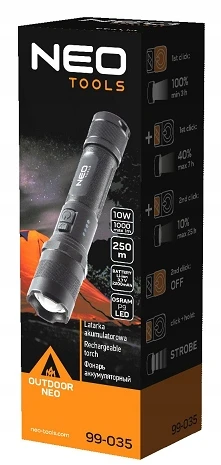 Neo Tools tvirtas audinys, reguliuojamas dirželis, 1xled, 1x2200 mah, aliuminis, juoda, ipx4, priartinimo funkcija