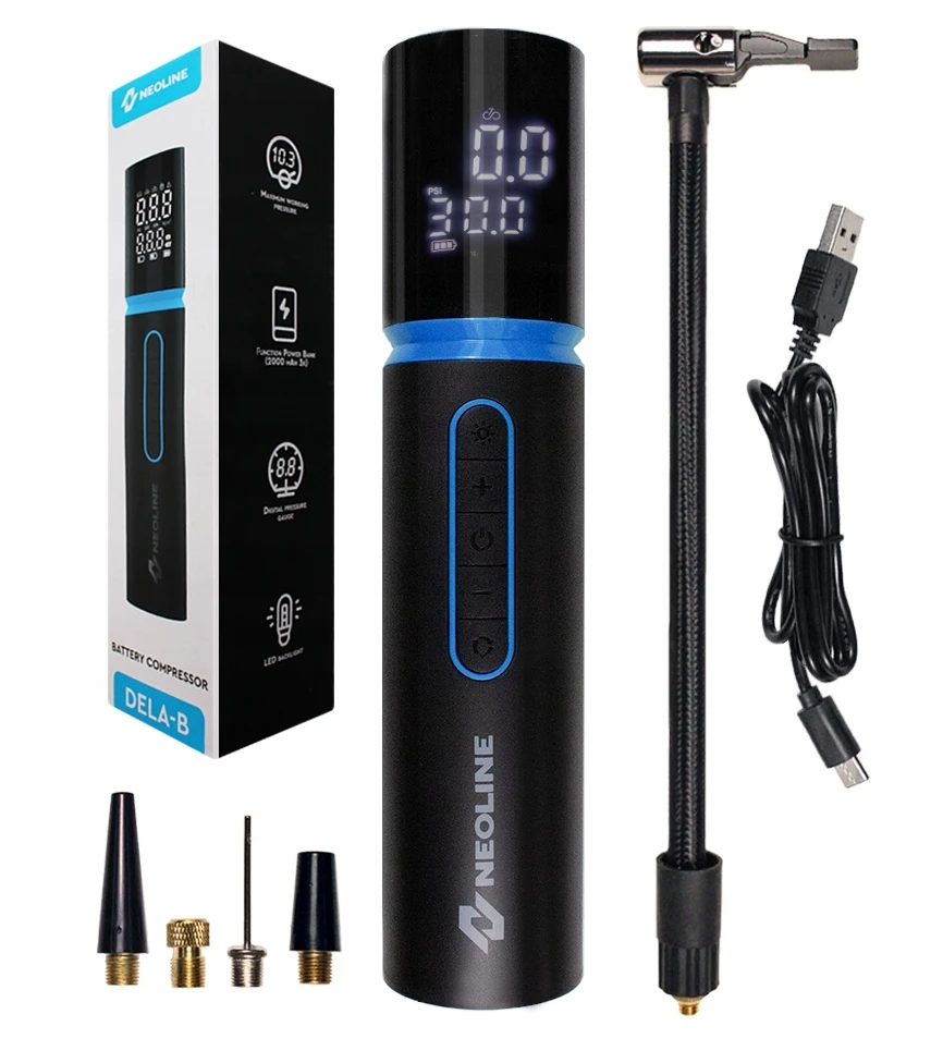 Neoline Elektrinis oro kompresorius DELA-B su išorinės baterijos "Power Bank" funkcija 6000mAh