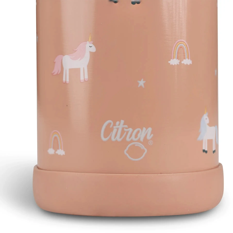 Nerūdijančio plieno termo butelis 350 ml - Vienaragio skaistalai, rožinė citrina