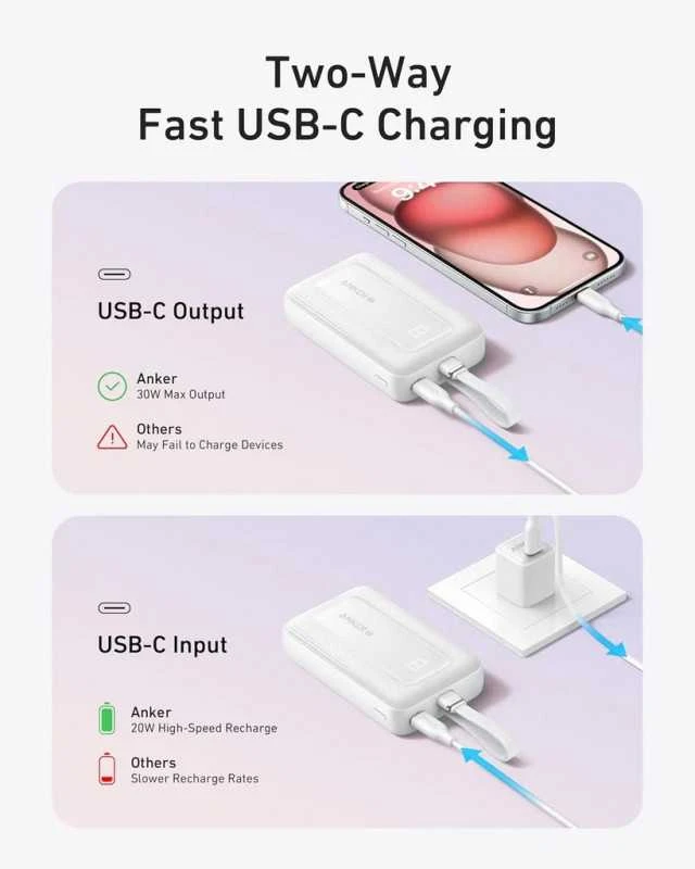 „Anker“ išorinė baterija, įmontuotas USB-C laidas, 30 W | A1688H21 | 10000 mAh | Baltas