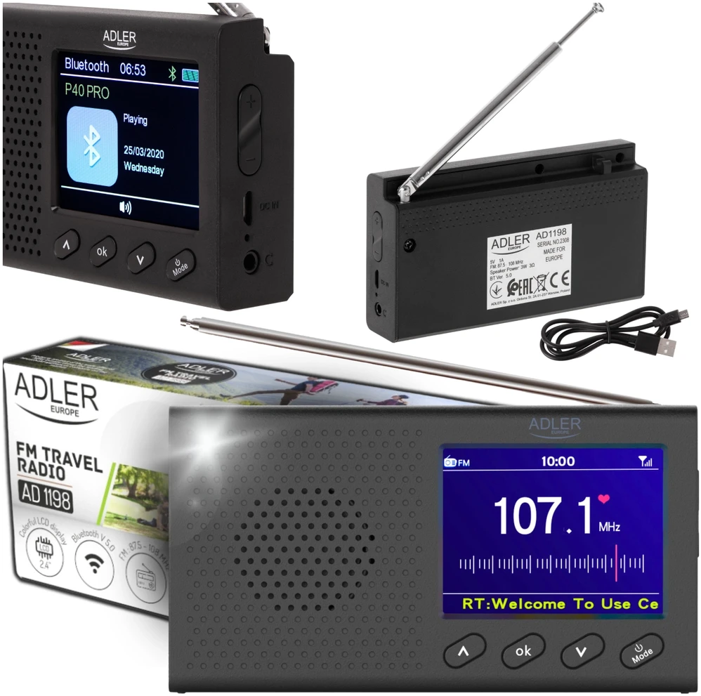 Kelioninė radija ADLER AD-1198 su laikrodžiu ir Bluetooth