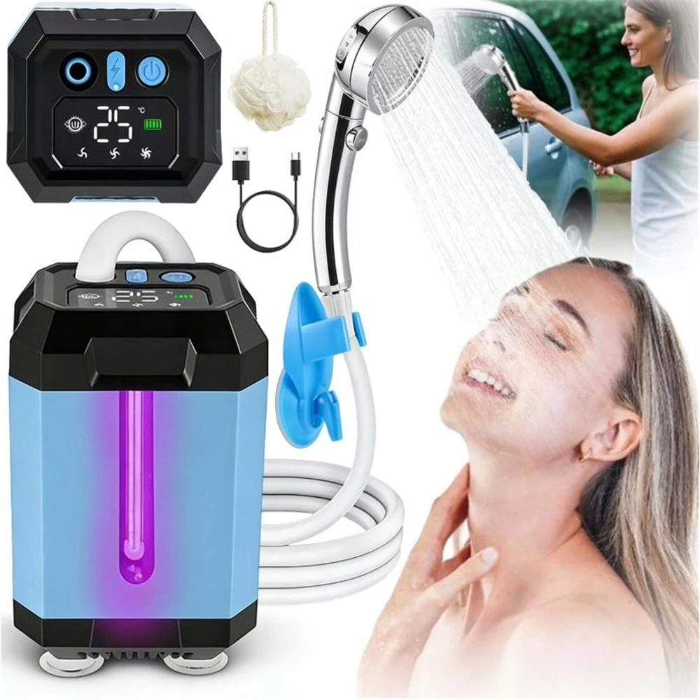 NEŠIOJAMAS TURISTINĖS DUŠO BATERIJOS 5400 MAH UV LCD KEMPINGAS