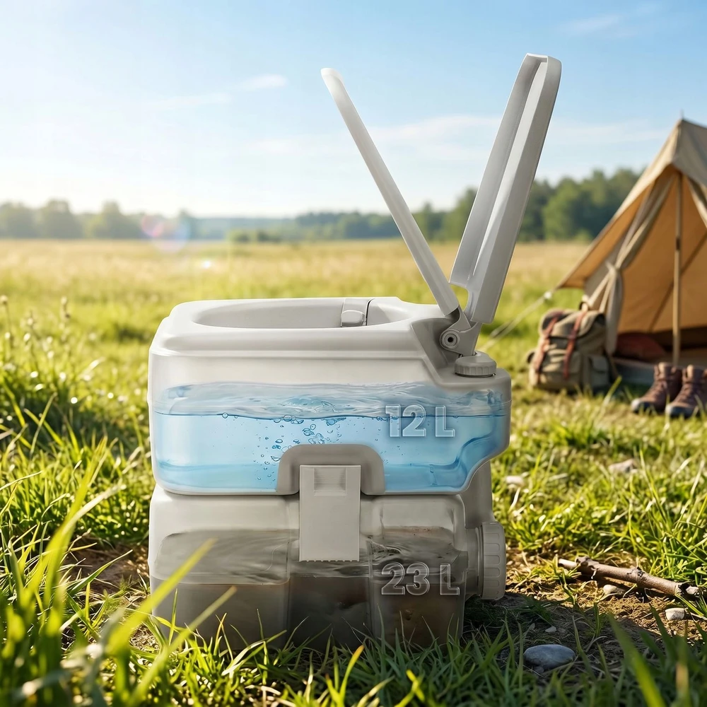 NEŠIOJAMAS TURISTINIS TUALETAS SU nuleidžiamu WC 23L CAMPING CAMPING OUTTEC