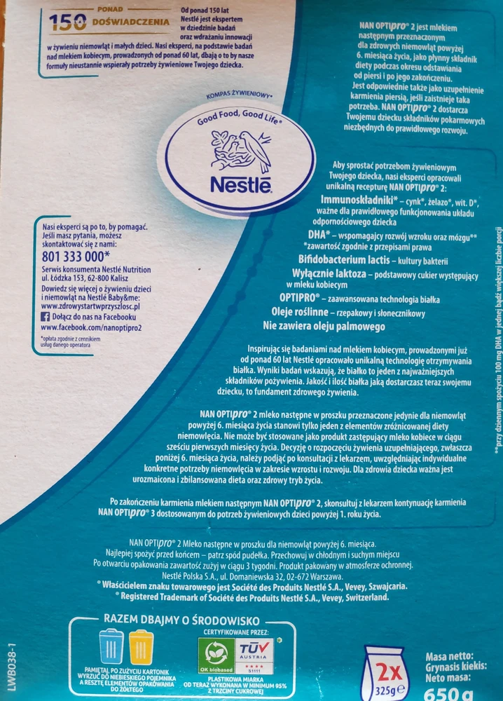 Nestlé NAN OptiPro 2 pieno formulė vaikams nuo 6 iki 12 mėnesių 6x 650 g