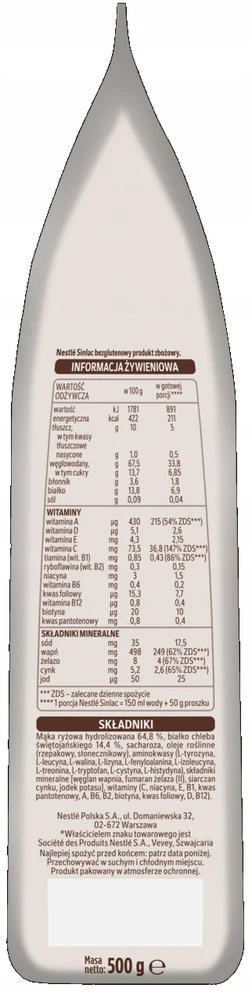 NESTLE SINLAC GRŪDŲ PRODUKTAS BE GLITIMO 500G GRUPĖS BE PIENO PO 6 MĖNESIŲ