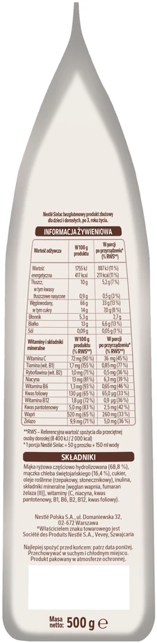 Nestlé Sinlac košė be glitimo, grūdų produktas po 3 metų, 500g