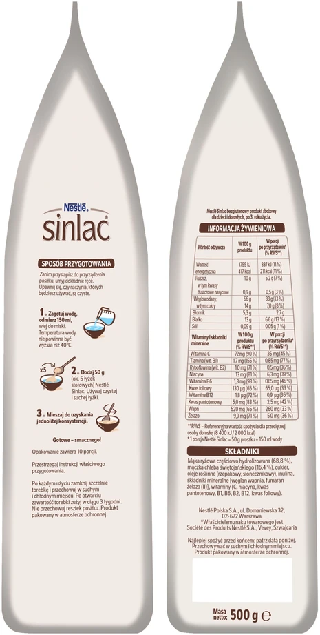 Nestlé Sinlac košė be glitimo, grūdų produktas po 3 metų, 500g