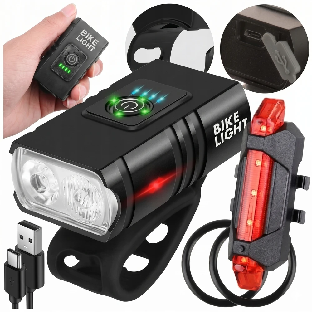 NEW Dviračio žibintas priekinis galinis LED USB atsparus vandeniui įkraunamas 2x galingas