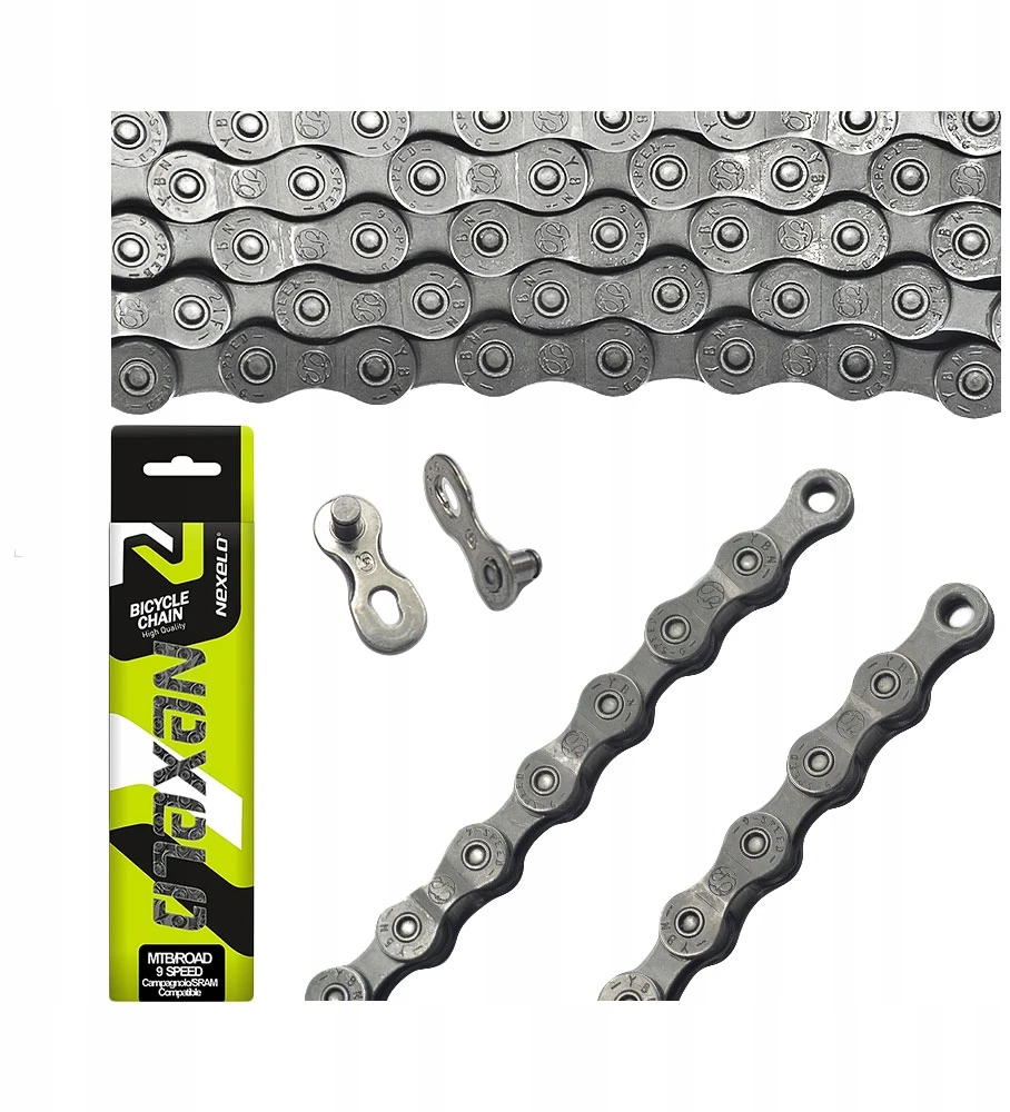 Nexelo 9 eilių dviračio grandinėlė, 116 grandžių, skirta MTB dviračiui, kaiščio ilgis: 8,6 mm