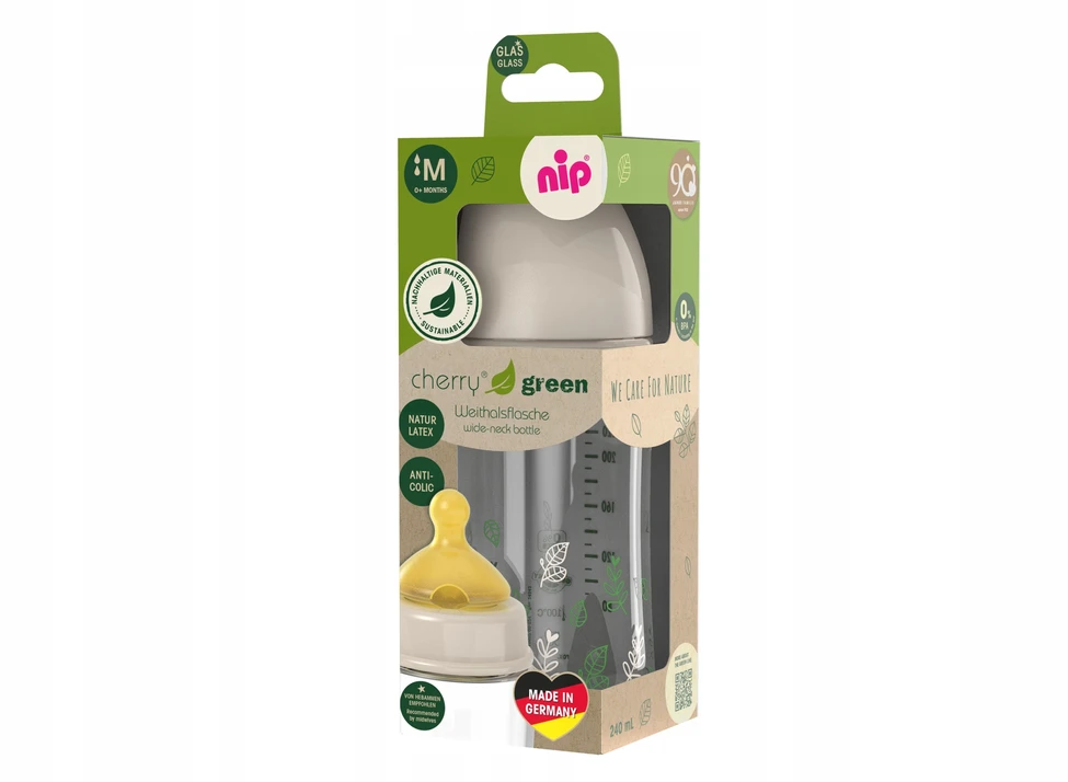 NIP ne. Buteliukas 240 ml stiklinis "Cherry Žalias" girl, 0m+, M latekso žindukas