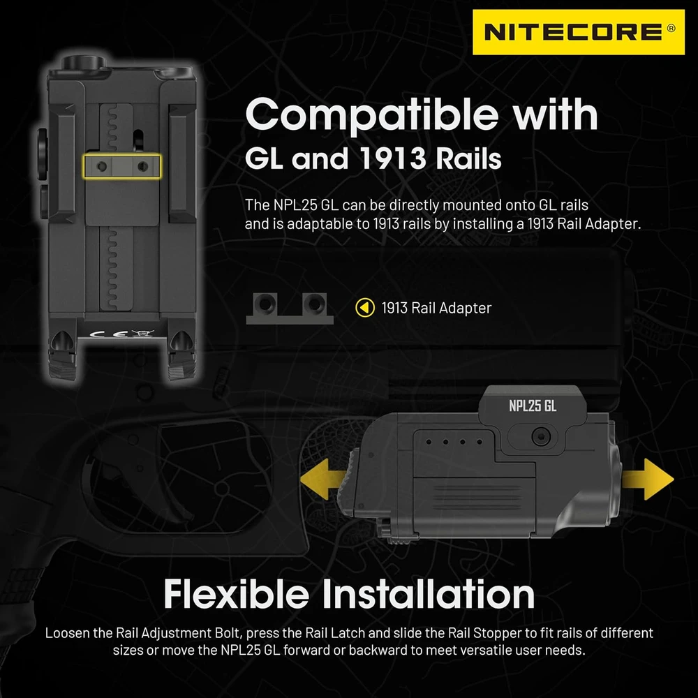 Nitecore NPL25GL pistol tactical light – 900-lumen baltas LED, integrated žalias laser, detachable battery, magnetic charging