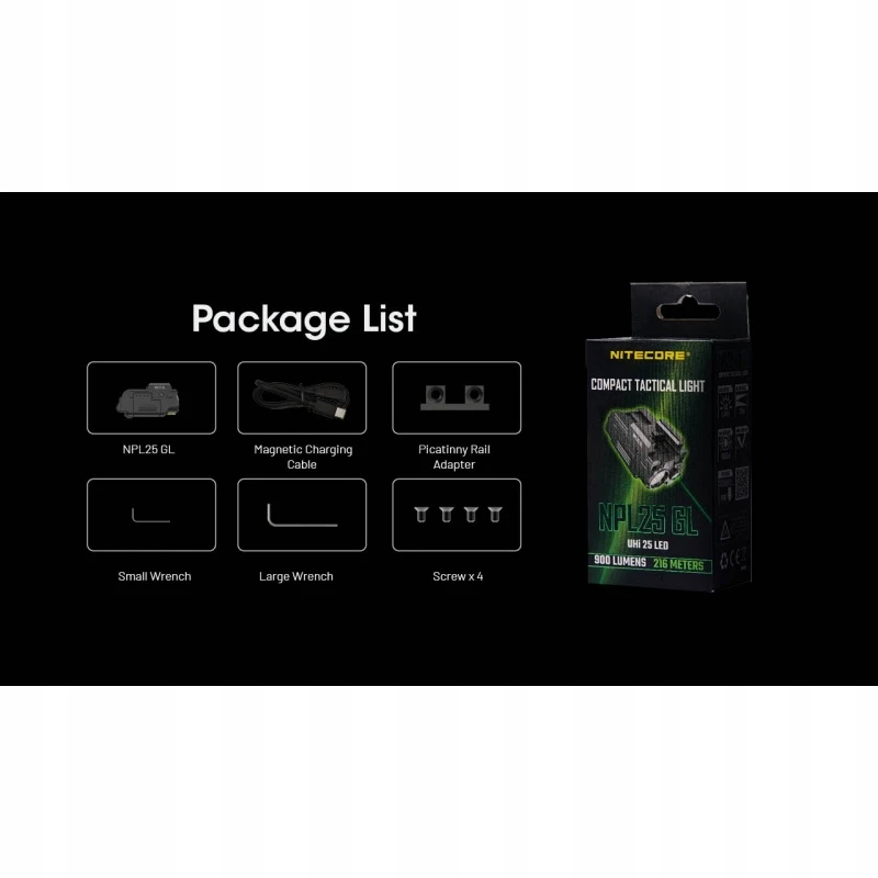 Nitecore NPL25GL pistol tactical light – 900-lumen baltas LED, integrated žalias laser, detachable battery, magnetic charging