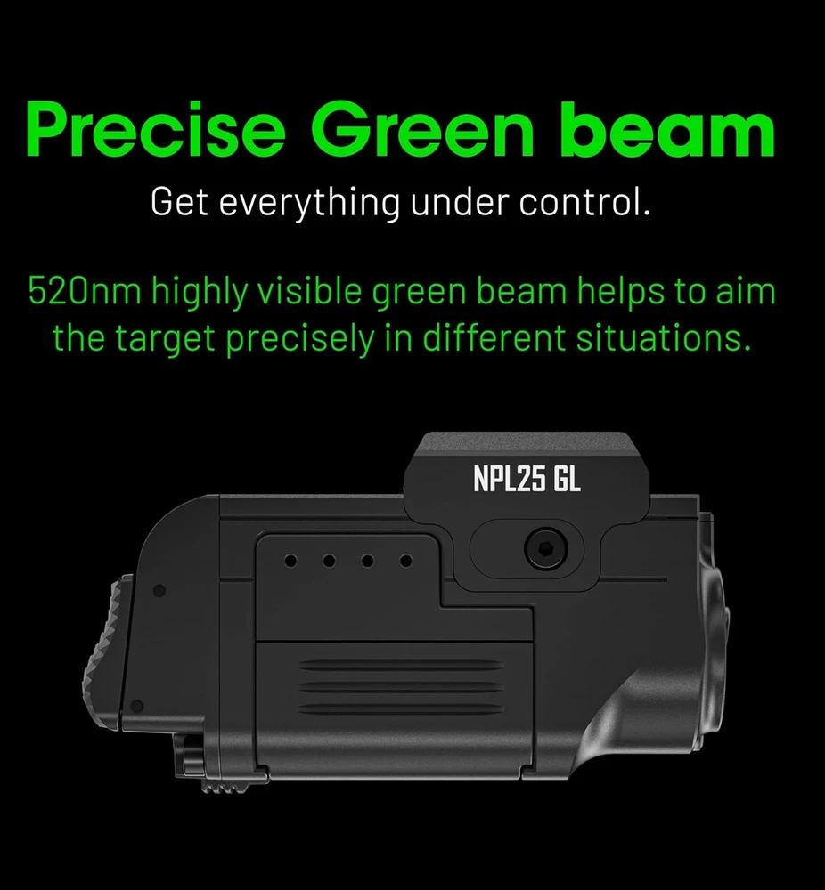 Nitecore NPL25GL pistol tactical light – 900-lumen baltas LED, integrated žalias laser, detachable battery, magnetic charging