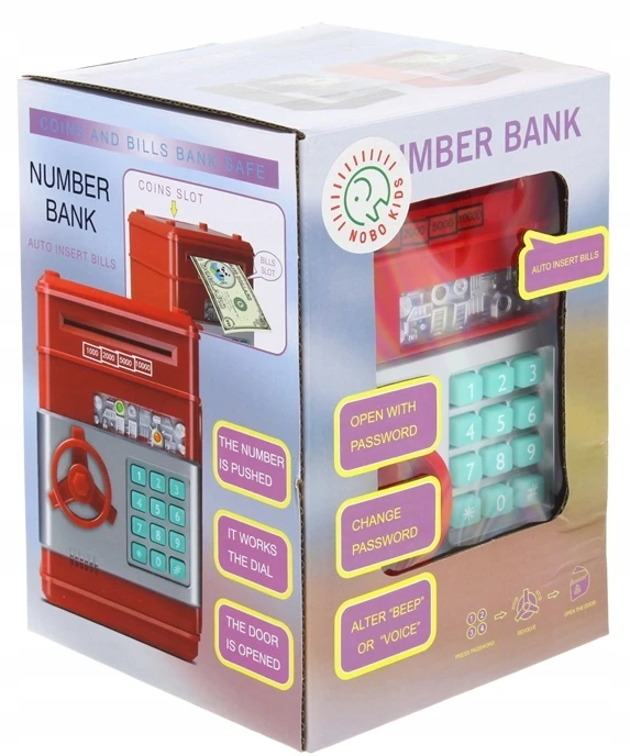 Nobo Seifas, Piggy Bank, bankomatas, grynųjų pinigų įnešimo automatas banknotams, monetos + slaptažodis, šviesa, garsas