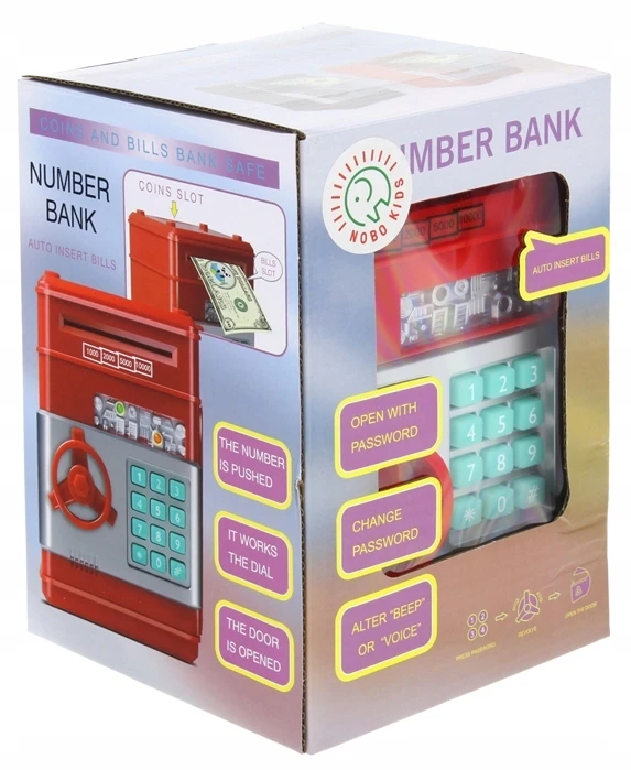 Nobo Sejf Skarbonka na PIN Banknoty Bankomat Monety + Kod Wpłatomat dla Dzieci