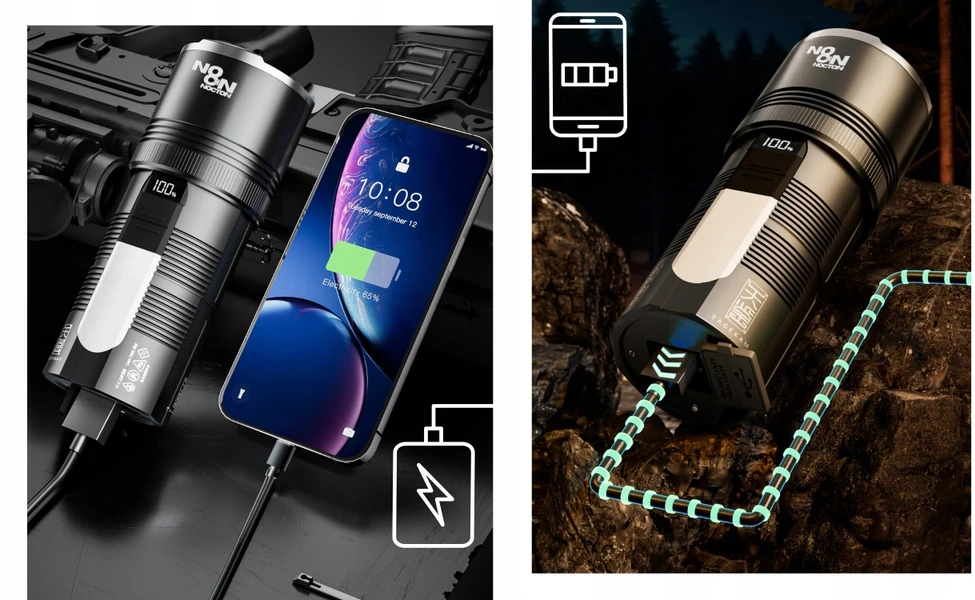 Nocton LABAI GALINGAS LED ĮKRAUJAMAS TAKTINIS BLYKŠČIUS PAIEŠKA ZOOM POWERBANK