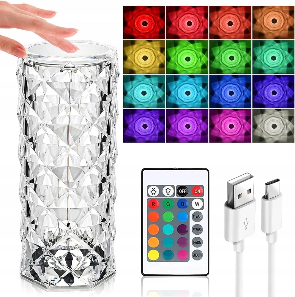 Norimpex KRISTOLINIS LED NAKTINIS LEMPAS USB BATERIJAI NUOTOLINIO NUOTOLINIO LIETIMO PROJEKTORIUS 12 SPALVŲ