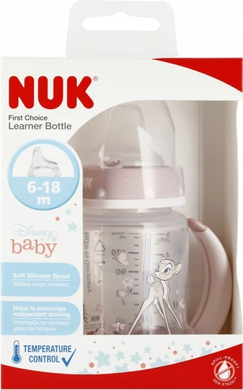 NUK 743313 FC buteliukas 150 ml su rankenomis ir temperatūros indikatoriumi DISNEY BAMBI silikoninis snapelis