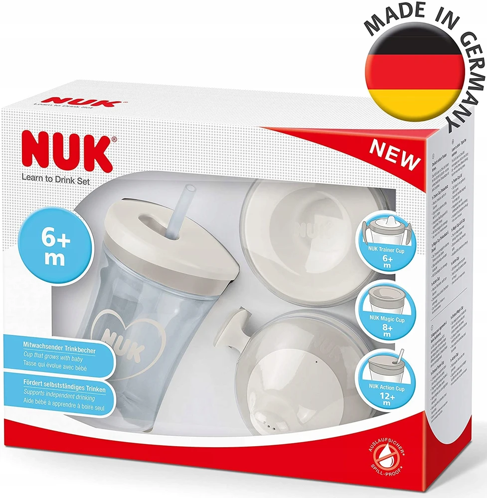 NUK gėrimo mokymosi rinkinys, puodelis + 3 kandikliai