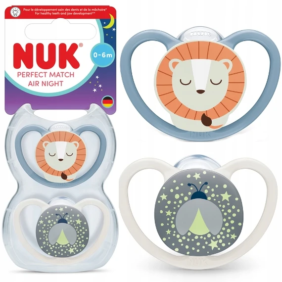 Nuk Perfect Match Air Night silikoniniai čiulptukai 0-6 mėn., šviečiantys tamsoje