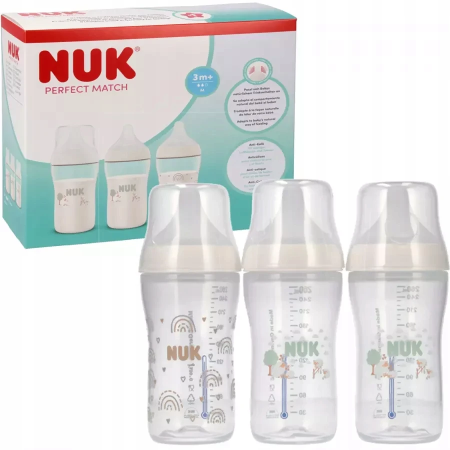 NUK PERFECT MATCH BUTELIŲ RINKINYS 260ml 3m+ TEAT M, TEMP. RODIKLIS. - 3 vnt