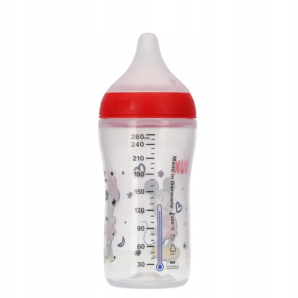 NUK Perfect Match kūdikio buteliukas su temperatūros kontrole Disney Minnie 260 ml raudonas