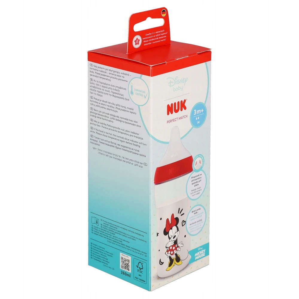 NUK Perfect Match kūdikio buteliukas su temperatūros kontrole Disney Minnie 260 ml raudonas