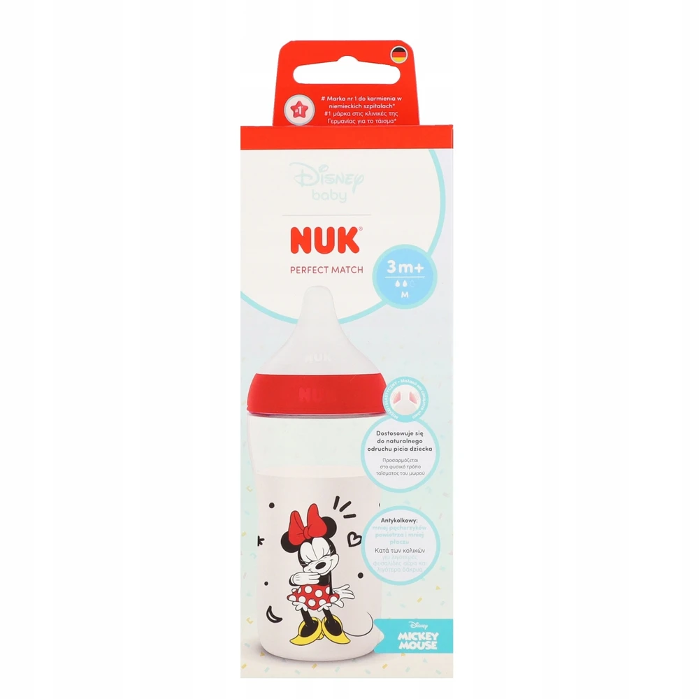 NUK Perfect Match kūdikio buteliukas su temperatūros kontrole Disney Minnie 260 ml raudonas