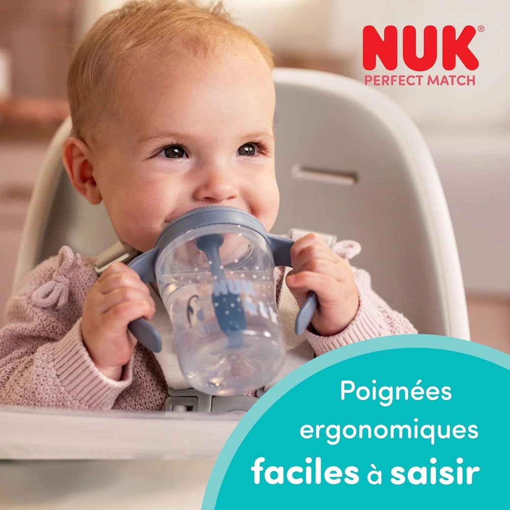 NUK Perfect Match mokomasis kūdikio buteliukas su silikoniniu šiaudeliu BEAR 260 ml