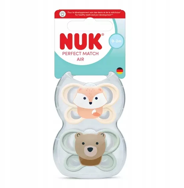 NUK SILICONE SOOTHING PERFECT MATCH 0-2m AIR BEAR FOX 2 vnt.