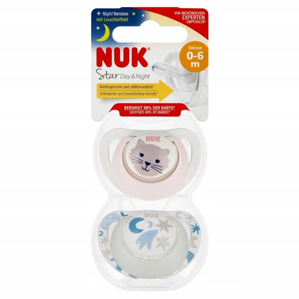 Nuk silikoninis raminamasis čiulptukas 0-6m, 2 vnt., šviečiantis tamsoje
