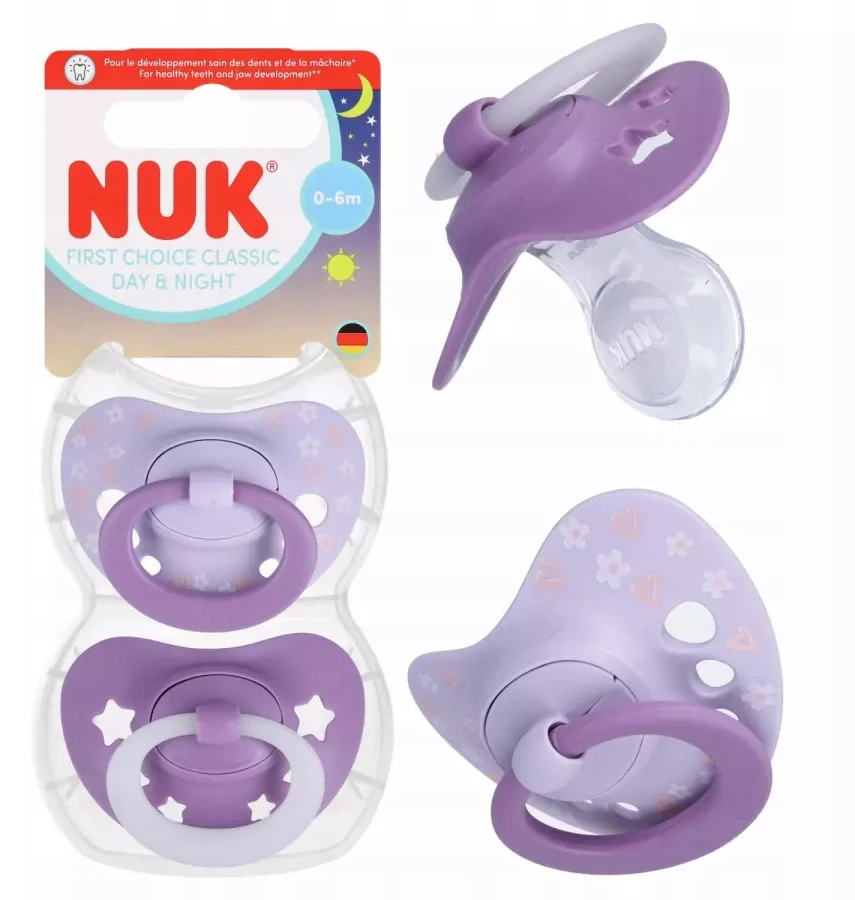 NUK SOOTHING čiulptukas 0-6m CLASSIC DAY&NIGHT LIGHTS AT NIGHT 2 vnt + dėklas