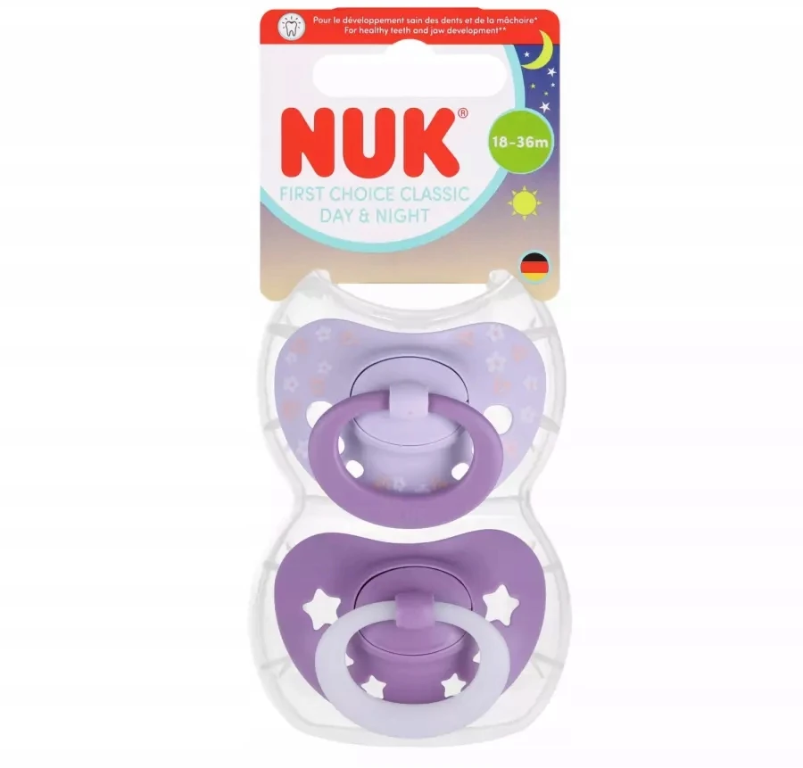 NUK SOOTHING čiulptukas 0-6m CLASSIC DAY&NIGHT LIGHTS AT NIGHT 2 vnt + dėklas